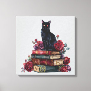Gothic Art Black Cat Antique Books Crimson Roses Canvas Print