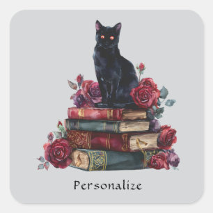 Gothic Art Black Cat Antique Books Crimson Roses Square Sticker