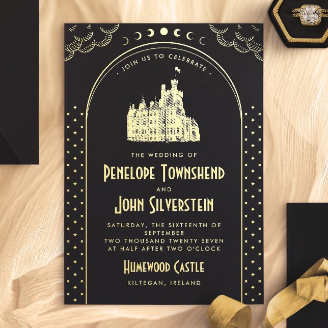 Gothic Art Deco Black Gold Castle Wedding (Gothic Art Deco Black Gold Castle Wedding Foil Invitation)