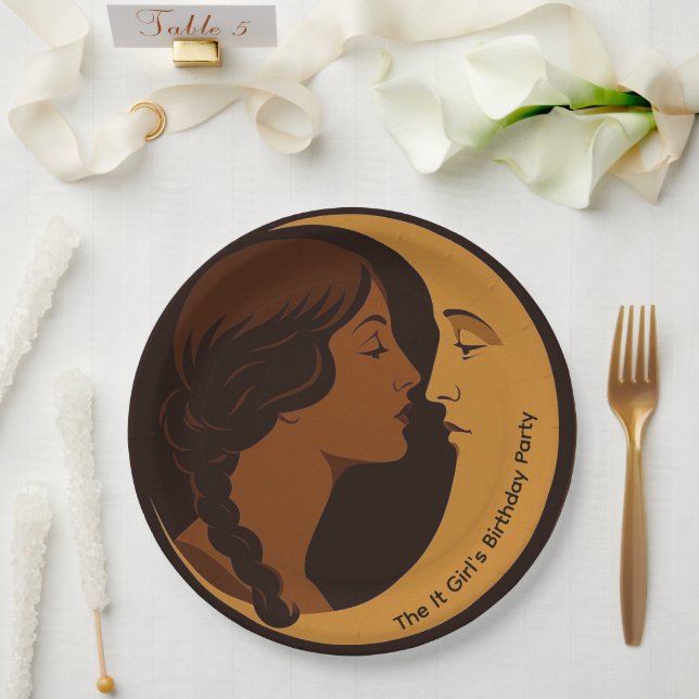 Gothic Art Deco Girl and Crescent Moon editable Paper Plate (Wedding)