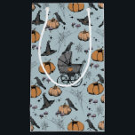 Gothic Baby Carriage Halloween Blue Small Gift Bag<br><div class="desc">This artsy yet elegant Halloween gift bag features hand-drawn illustrations in black ink by Nathalie Portet. Against a chic French blue background, images of Victorian baby carriages, witch hats, black crows, pumpkins, spiderwebs, bubbling cauldrons and tiny speckled mushrooms adorn this gift bag. Ideal for Halloween Baby Showers, 1st Halloween, 1st...</div>