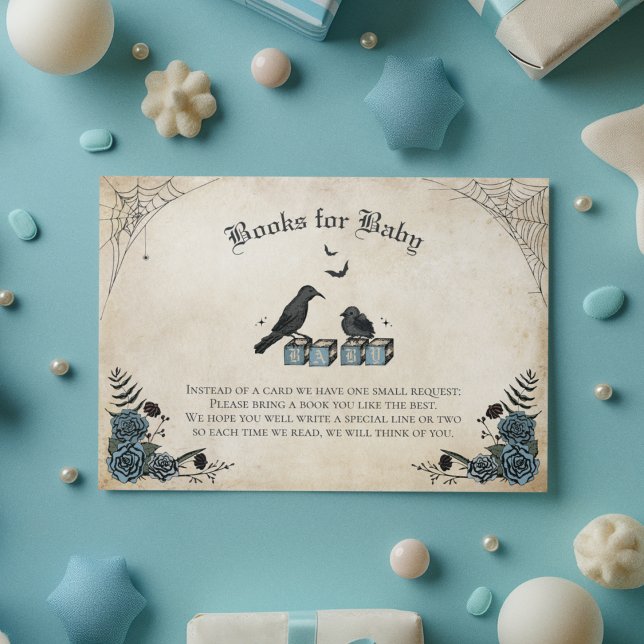 Gothic Baby Shower Black Raven Books for Baby Enclosure Card (Gothic Baby Shower Books For Baby Card. Black Raven, Blue Roses, Spiderwebs, Wooden Baby Blocks)