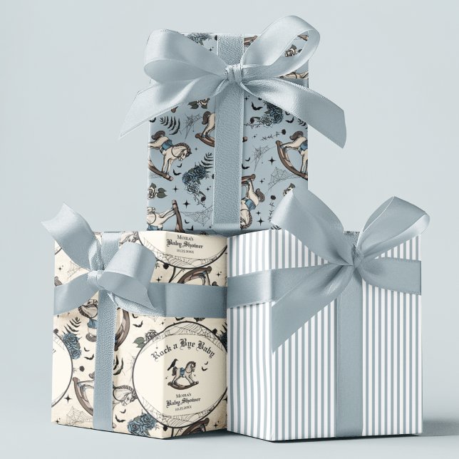 Gothic Baby Shower Blue Victorian Rocking Horse Wrapping Paper Sheet (Elegant Gothic Baby Shower Gift Wrap Sheets. Vintage Rocking Horse, Blue Roses, Spiderwebs, Bats.)