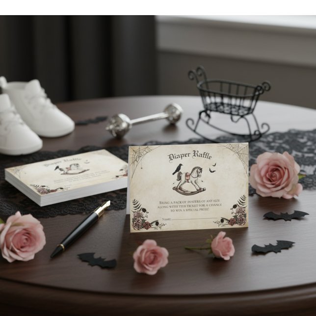 Gothic Baby Shower Diaper Raffle Enclosure Card (Elegant Gothic Halloween Girl Baby Shower Diaper Raffle Enclosure Card. Vintage Rocking Horse, Roses)