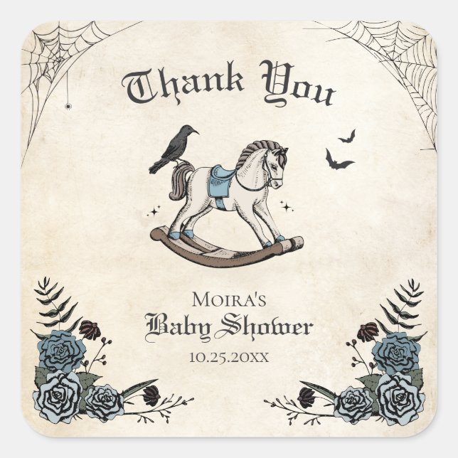 Gothic Baby Shower Rocking Horse Thank You Square Sticker (Front)