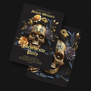 Gothic Bachelorette Party Black Gold Skull Roses Invitation
