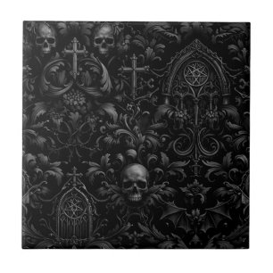 Gothic Baroque Skull Pattern in Black Ceramic Tile