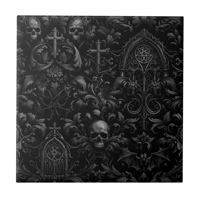 Gothic Baroque Skull Pattern in Black Ceramic Tile (Front)