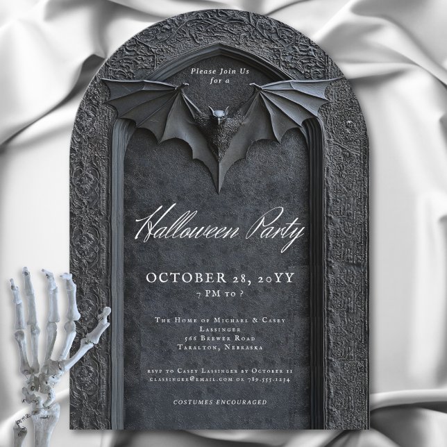 Gothic Bat Arched Tombstone Halloween Party Invitation (Gothic Bat Arched Tombstone Halloween Party Invitation)