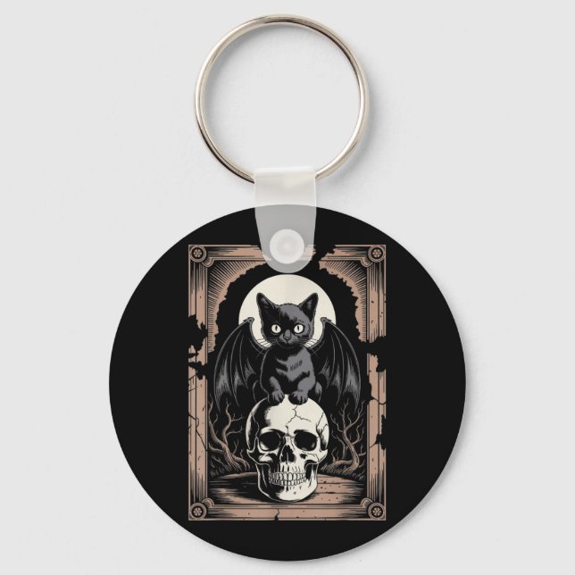 Gothic Bat Cat Skull Goth Black Metal Horror Cat Key Ring (Front)