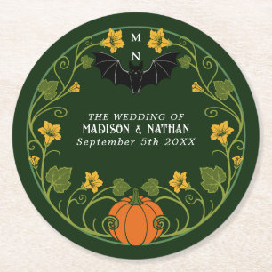 Gothic Bat Pumpkin Floral Autumn Wedding Round Paper Coaster