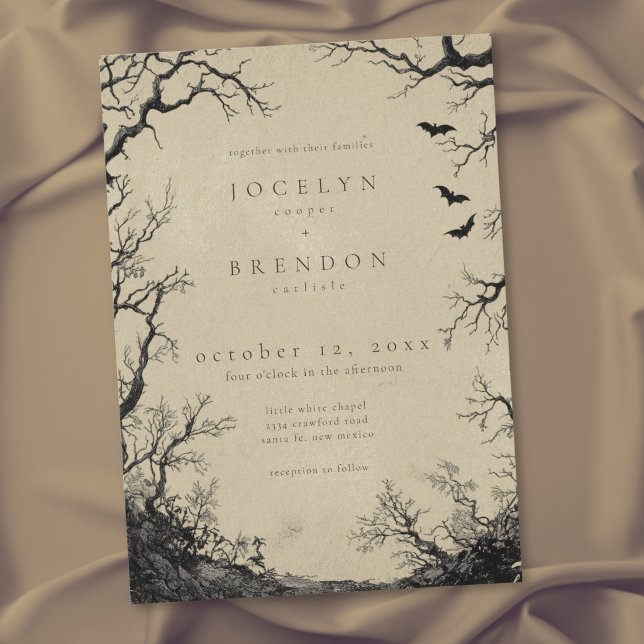 Gothic Bat Tree Engraving Black Tan Wedding Invitation (Gothic Bat Tree Engraving Black Tan Wedding Invitation)