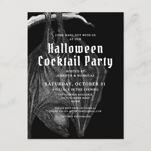 Gothic Bats Halloween Cocktail Party Invitation Postcard (Front)