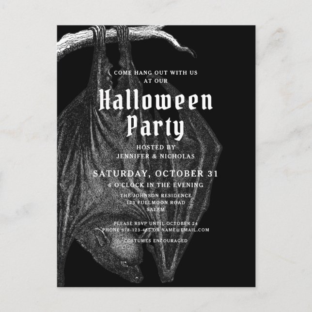 Gothic Bats Halloween Party Invitation  Postcard (Front)