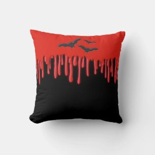Gothic Bats & Red Dripping Blood Halloween Cushion