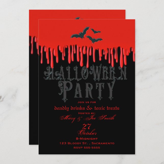 Gothic Bats & Red Dripping Blood Halloween Party Invitation (Front/Back)