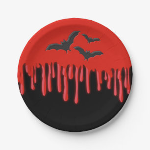 Gothic Bats & Red Dripping Blood Halloween Party Paper Plate