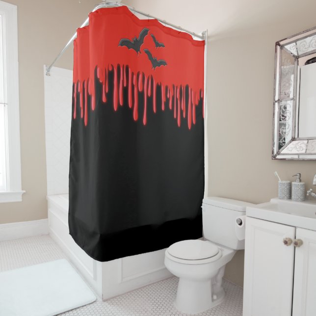 Gothic Bats & Red Dripping Blood Halloween Party Shower Curtain (In Situ)