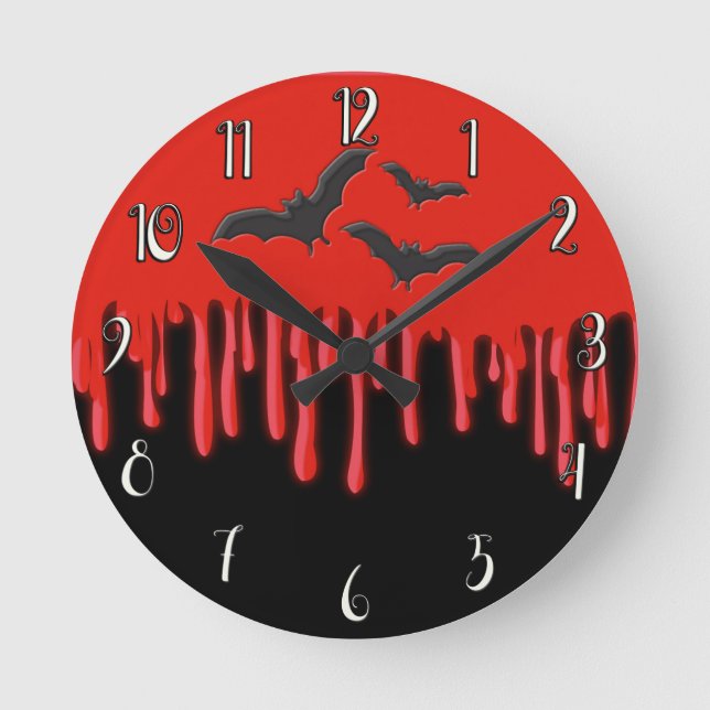 Gothic Bats & Red Dripping Blood Halloween Round Clock (Front)