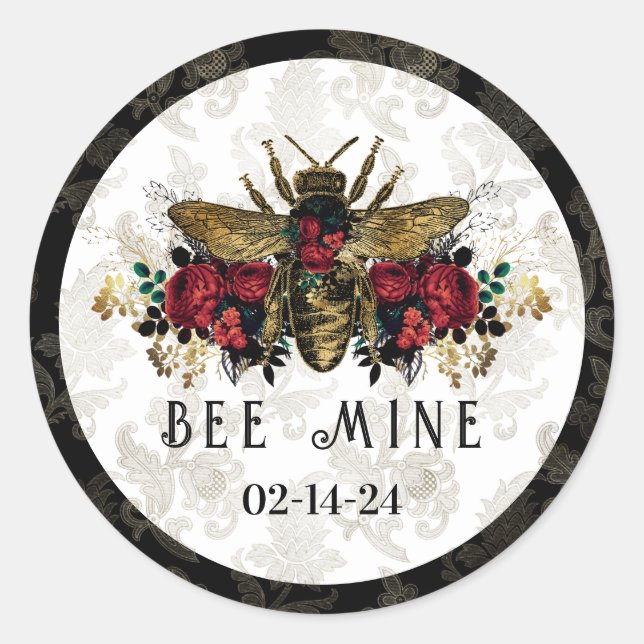 Gothic Bee & Roses  Classic Round Sticker (Front)