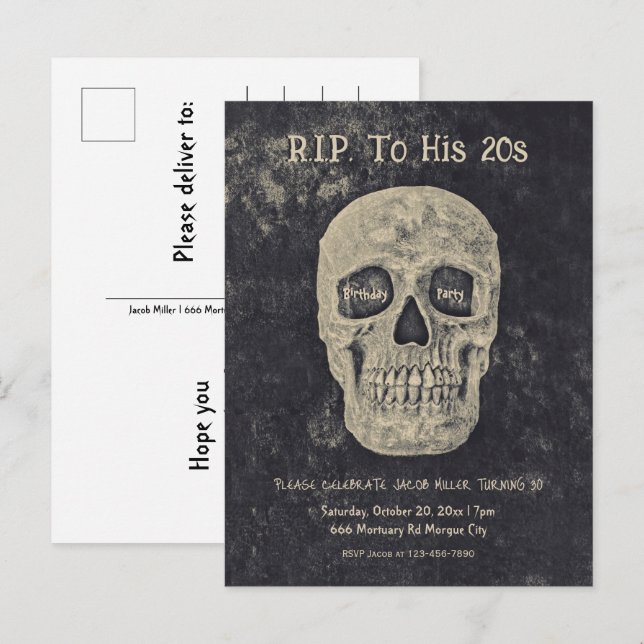 Gothic Beige Grey Skull Birthday RIP To His 20s Invitation Postcard (Front/Back)