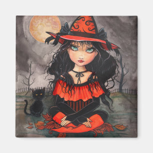 Gothic Big Eye Halloween Witch Cat Art Magnet