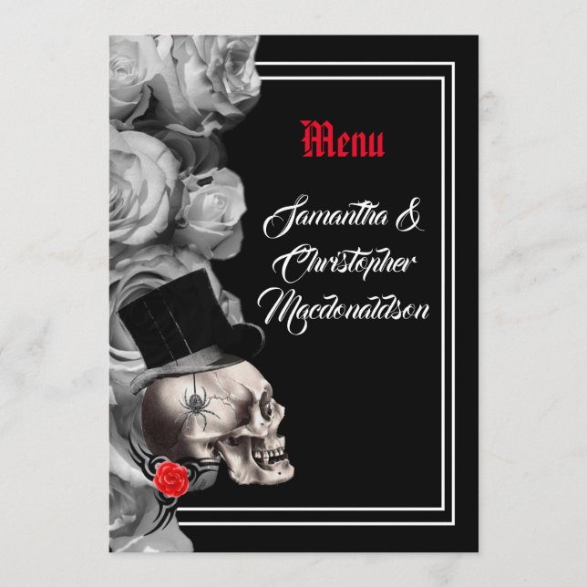Gothic, biker, or rock black wedding menu (Front)