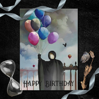 Gothic Birthday Balloons & Cloudy Sky Black Cloak Card