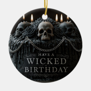 Gothic Birthday Cake with Skulls and Greeting Ceramic Ornament