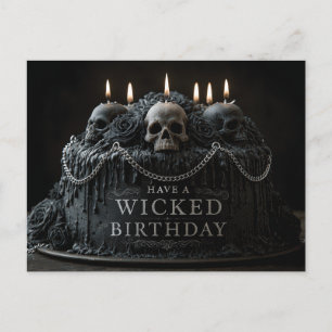 Gothic Birthday Cake with Skulls and Greeting Postcard