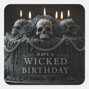 Gothic Birthday Cake with Skulls and Greeting Square Sticker