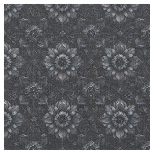 Gothic Black 3D Floral Combed Cotton Fabric (Close Up)