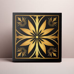 Gothic Black an Gold Floral Sunburst Ceramic Tile