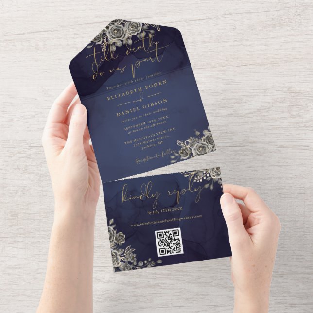 Gothic Black And Gold Floral QR Code Wedding All In One Invitation (Tearaway)