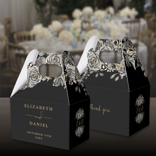 Gothic Black And Gold Floral Rose Monogram Wedding Favour Box (Gothic Black And Gold Floral Rose Monogram Wedding Favor Boxes)