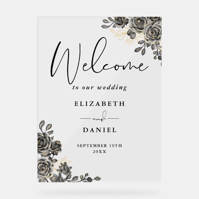 Gothic Black And Gold Floral Wedding Welcome Acrylic Sign (Front)