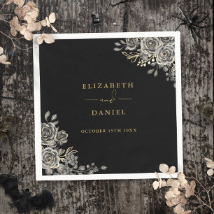 Gothic Black And Gold Roses Floral Wedding Napkin