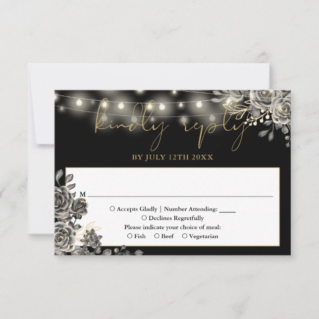 Gothic Black And Gold Roses String Lights Wedding RSVP Card (Front)