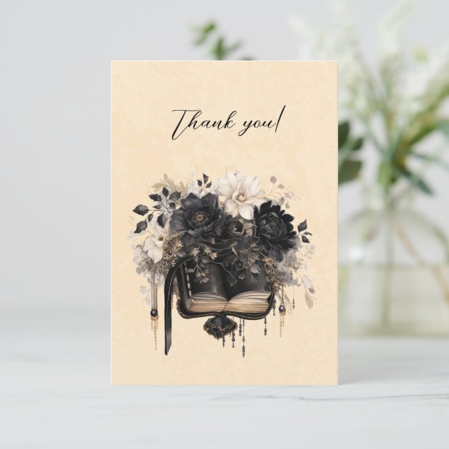 Gothic Black and Ivory Book and Flowers Thank You (Standing Front)