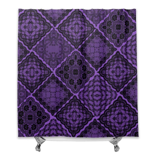 Gothic Black and Purple Faux Lace Quilt Shower Curtain (Creator Uploaded)