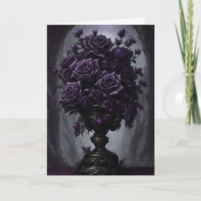Gothic Black and Purple Rose Bouquet Birthday Card (Front)