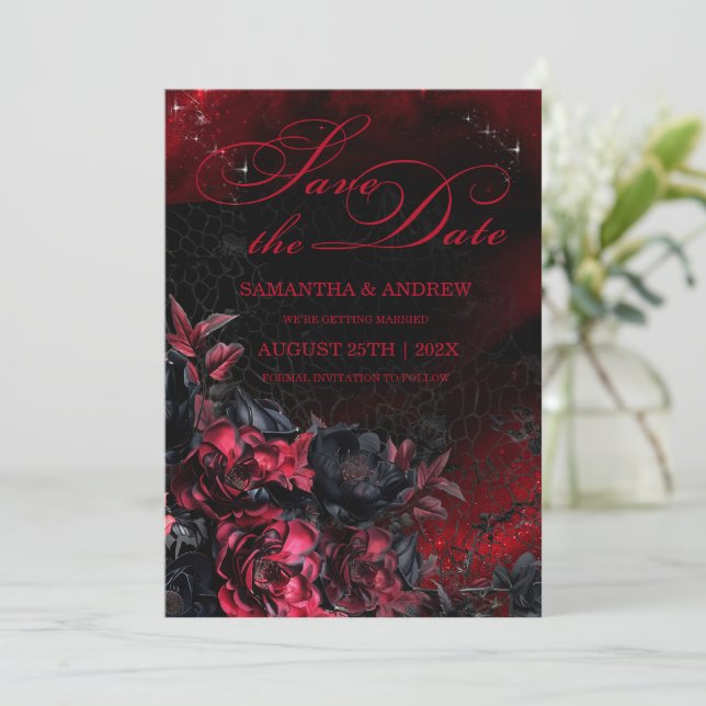 Gothic Black and Red Wedding Save the Date Invitation (Standing Front)