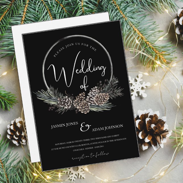 Gothic Black and White Christmas Wreath Wedding Invitation (Creator Uploaded)