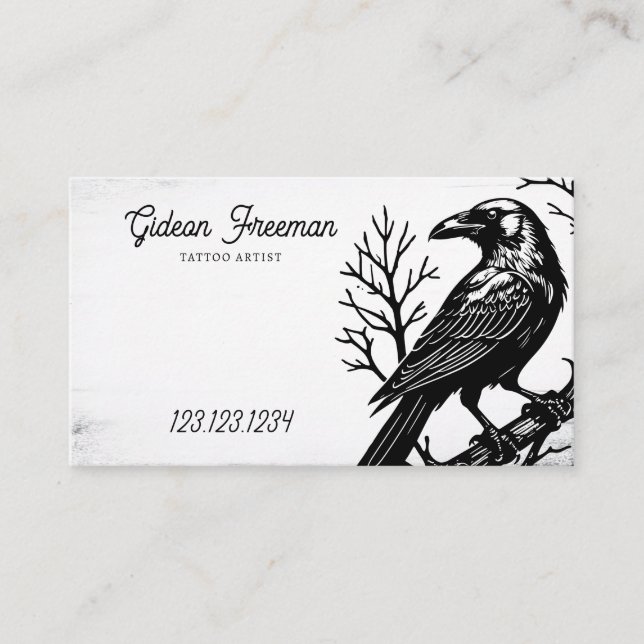 Gothic Black and White Crow Tattoo Artist Business Card (Front)