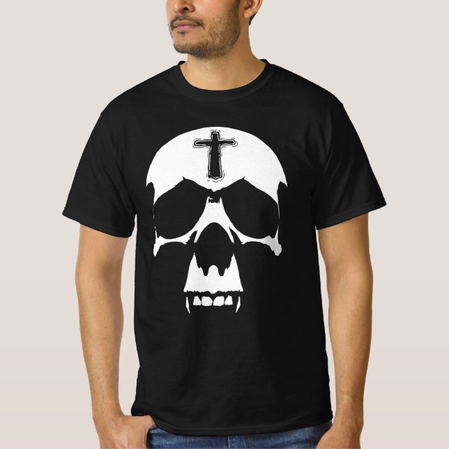 Gothic Black and White Demon Skull Illustration T-Shirt (Front)