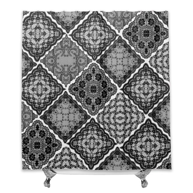 Gothic Black and White Faux Lace Quilt Shower Curtain (Creator Uploaded)