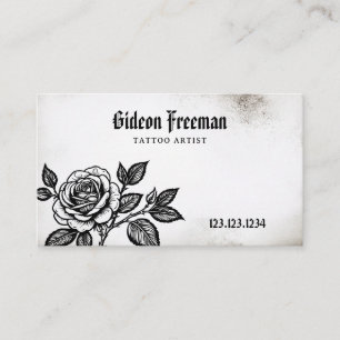 Gothic Black and White Leafy Rose Tattoo Artist Business Card