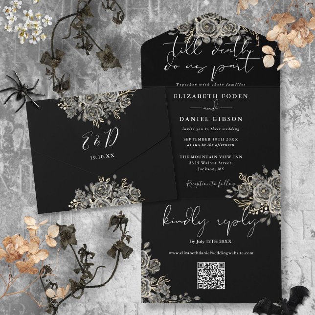 Gothic Black And White Roses QR Code Wedding All In One Invitation (Gothic Black And White Roses QR Code Wedding All In One Invitation)
