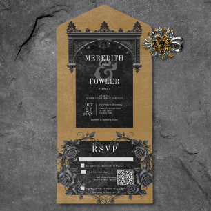 Gothic Black Arch & Black Roses Gold QR Code All In One Invitation