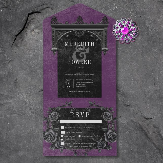 Gothic Black Arch & Black Roses Purple Dinner All In One Invitation (Gothic Black Arch & Black Roses Purple Dinner All In One Invitation)
